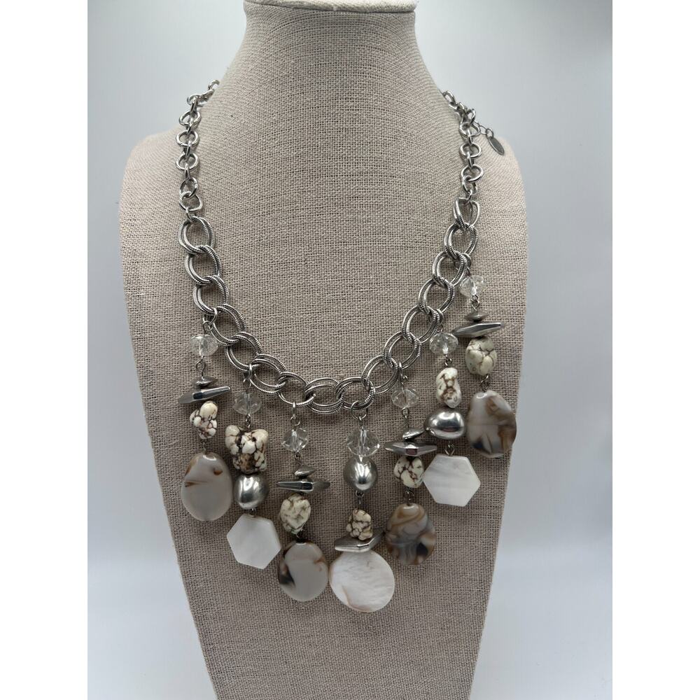 Laura Ashley Bib Necklace Shell Howlite Glass Bead Silver Tone Adjustable‎